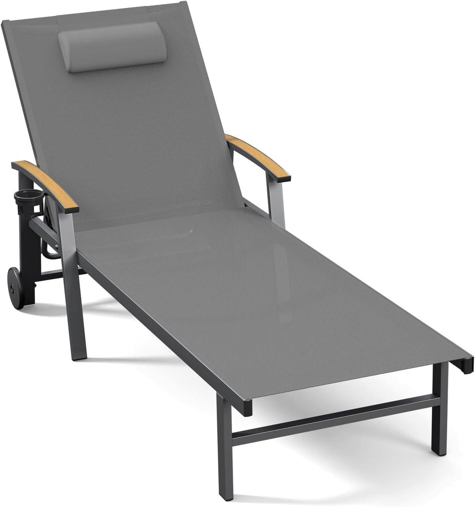 Outdoor Lounge Chair with Pillow, 5-Position Aluminum Chaise Lounge with Wheels & Armrests, 400 lbs Heavy Duty Patio