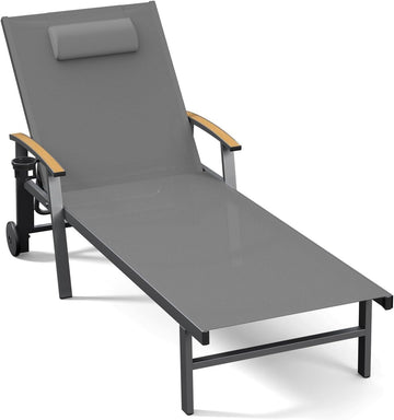 Outdoor Lounge Chair with Pillow, 5-Position Aluminum Chaise Lounge with Wheels & Armrests, 400 lbs Heavy Duty Patio