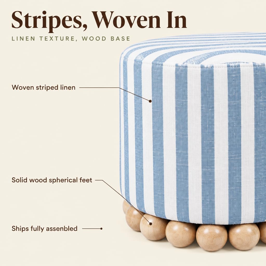 Dex Small Round Ottoman Footstool, Striped Linen, Pastel Blue