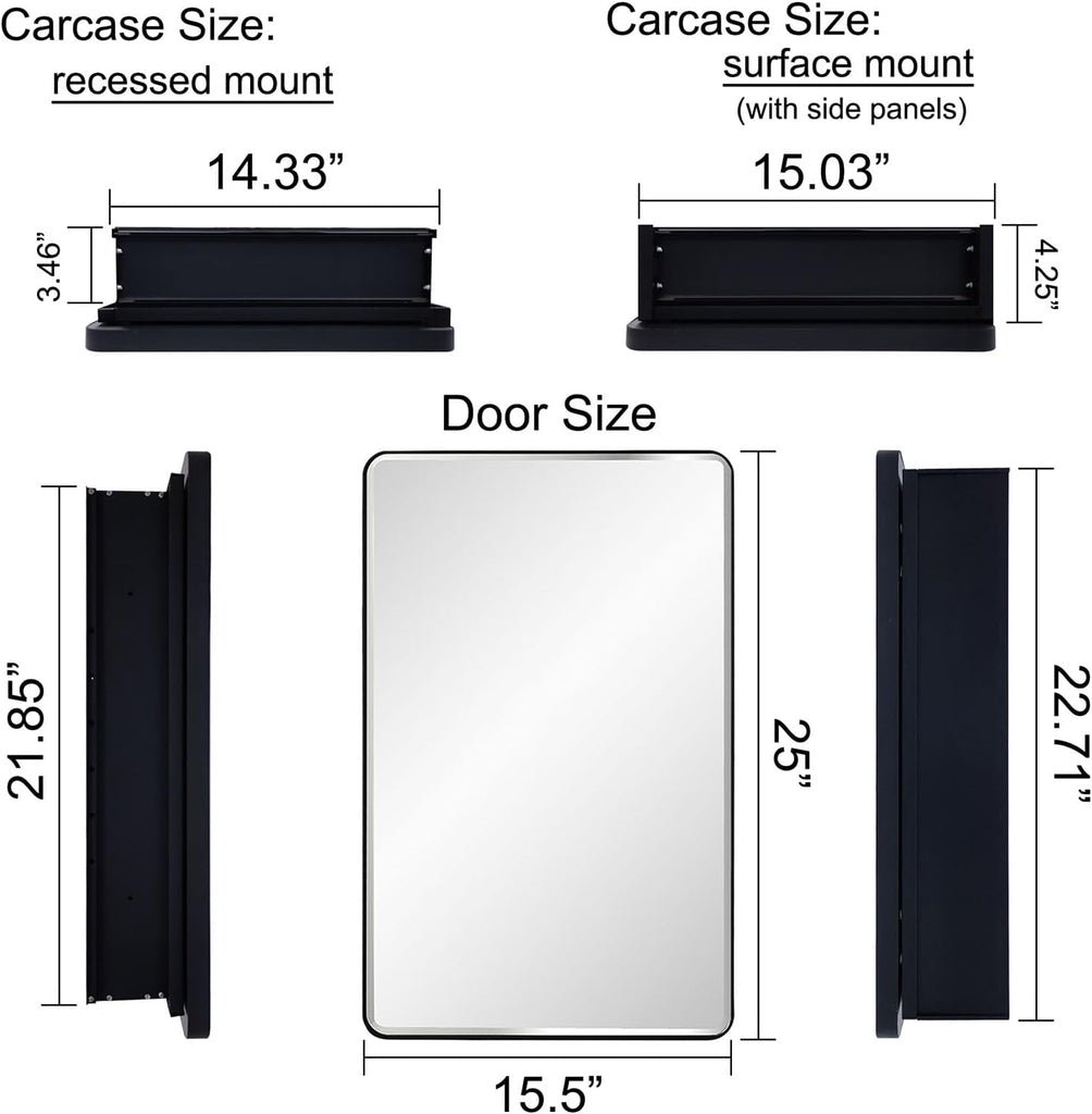 Black Bathroom Mirror Medicine Cabinet with Round Corner Framed Door and Beveled Edge Mirror 15 x 25 inch, Recessed