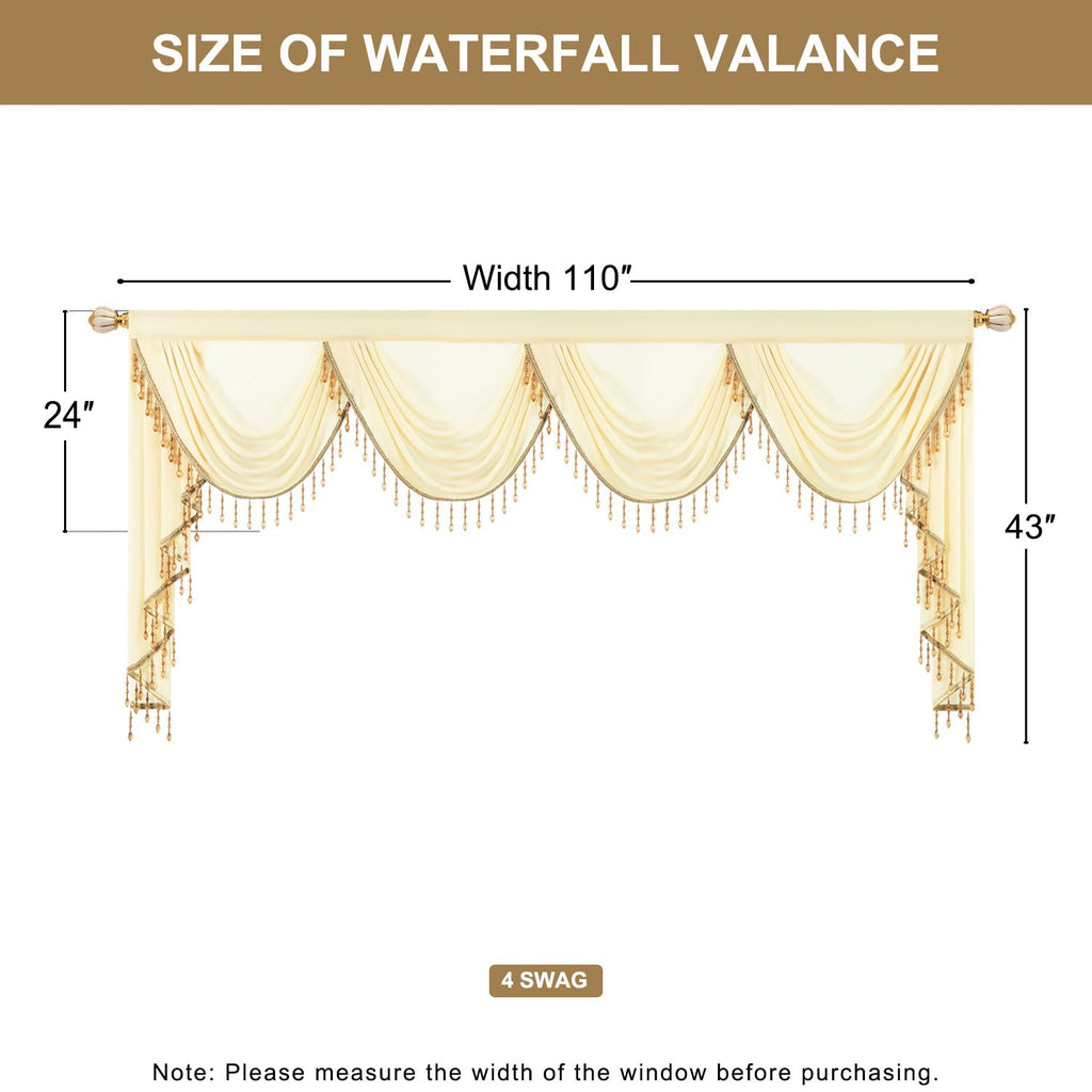 Extra Wide Waterfall Valance, Lightweight Silky Sheer Curtain Window Treatment, Soft Touch Voile Swag Drapes, W110