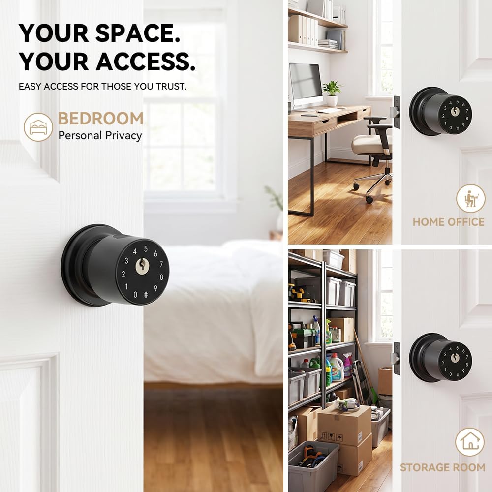 4-in-1 Smart Fingerprint Door Knob with App and Keypad, Matte Black