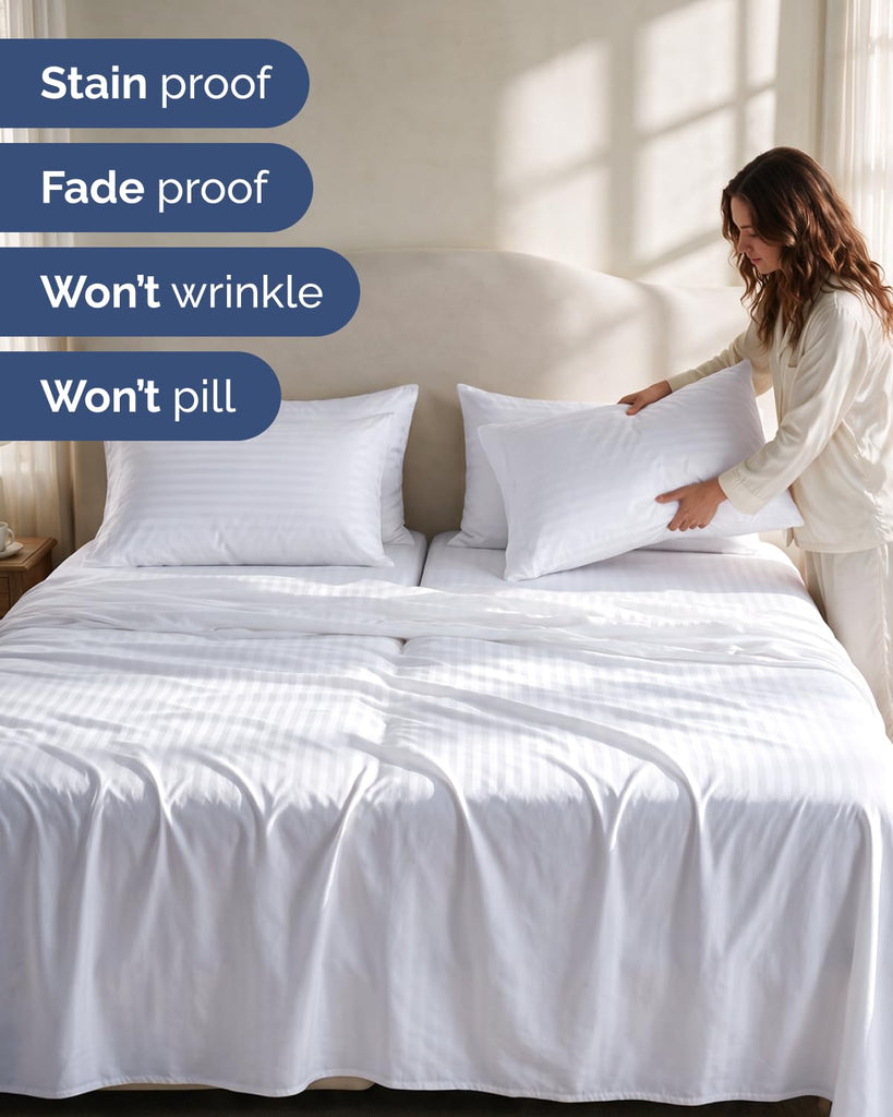 CGK Split King 7pc Bed Sheet Set - Breathable & Cooling - Striped White