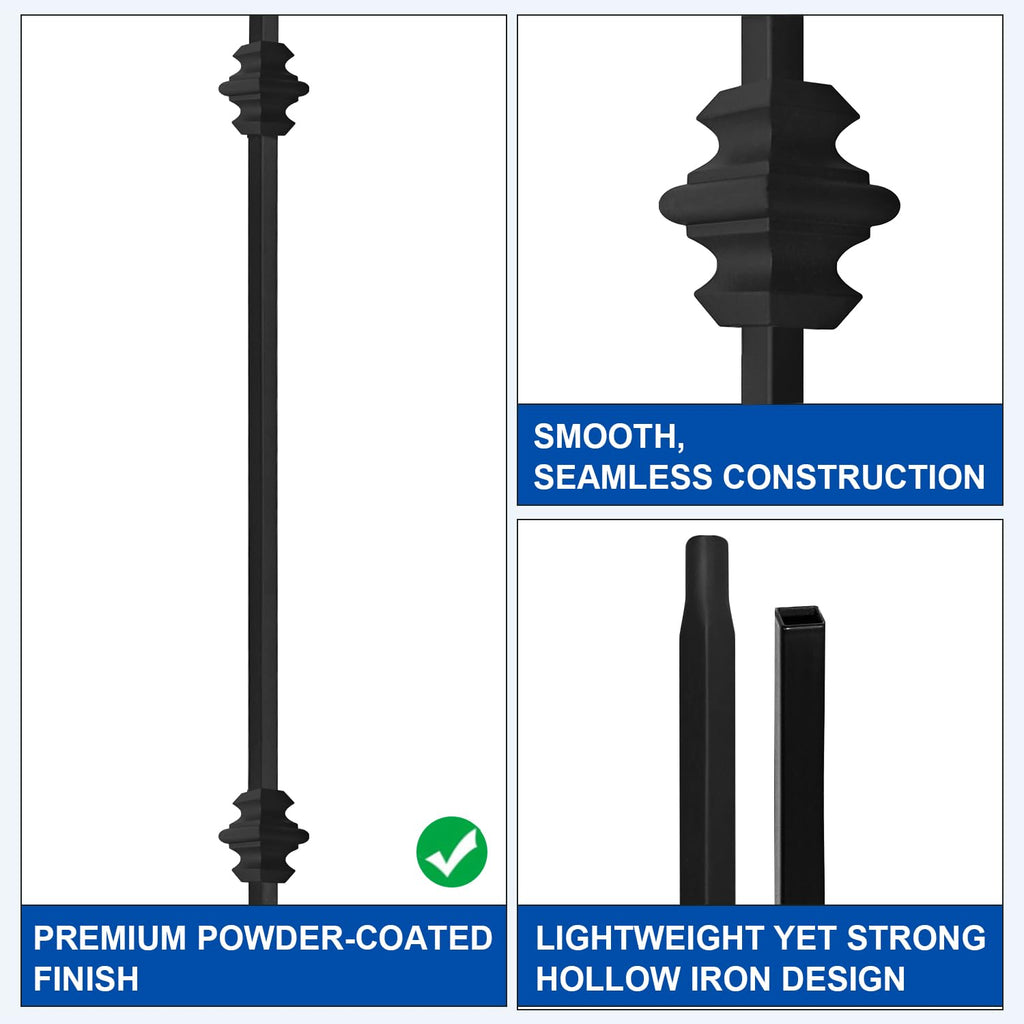 44" Iron Double Collar Balusters for Staircase Interior, 1/2" Hollow Stair Balusters, Matte Black Metal Balusters