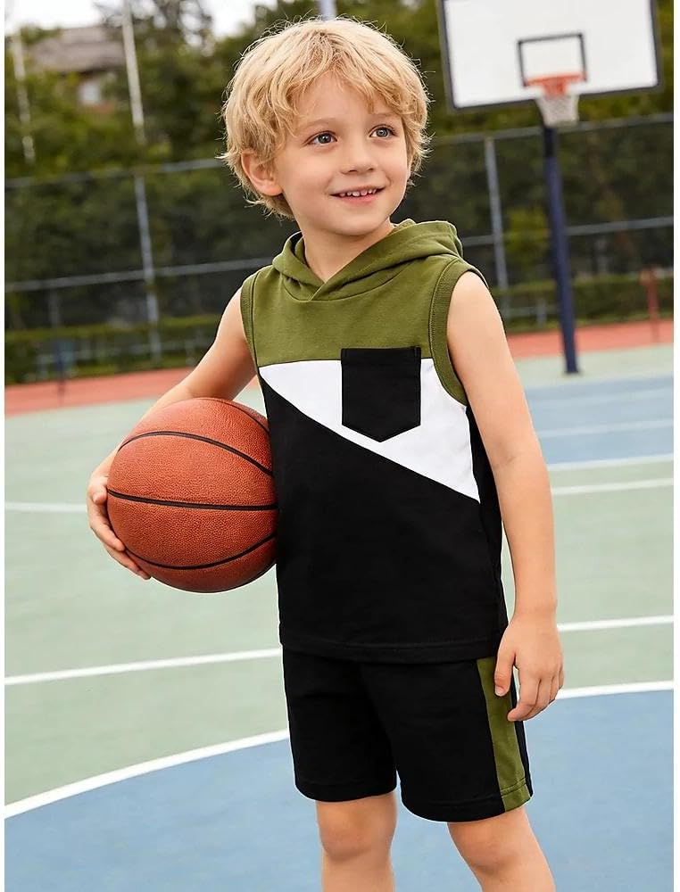 Toddler Boy's 2 Piece Outfits Color Block Sleeveless Hoodie Tank Tops & Shorts Set Boys Summer Clothes