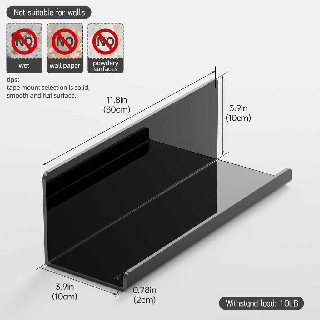 Acrylic Floating Shelves for Wall No Drilling, Self Adhesive Space-Saving Shelves, 12 Inch Floating Shelf Stick on