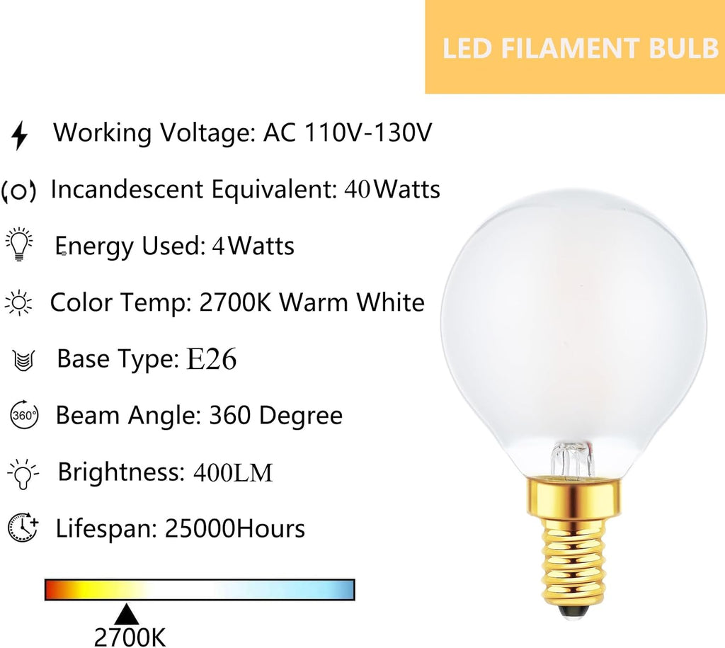 G16.5 Light Bulb 40 Watt Equivalent E12 Candelabra Base Globe LED Bulbs, E12 LED Globe Bulb Dimmable 4W 2700K Warm