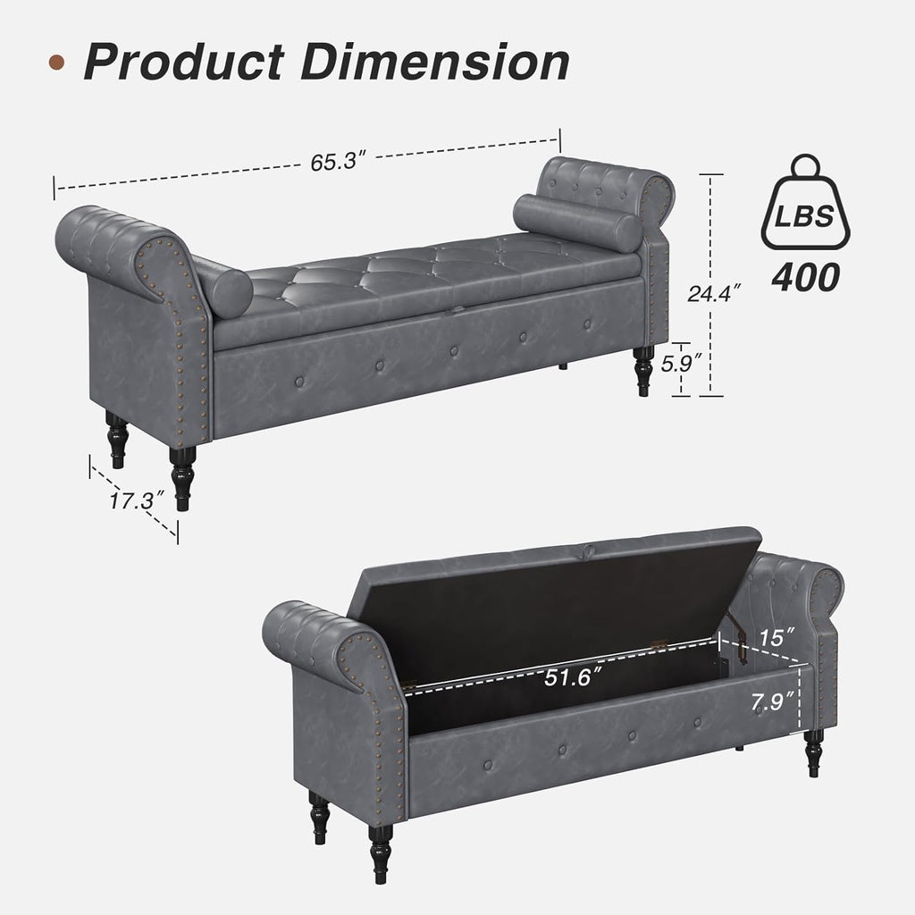 65 Inch End of Bed Storage Bench ,King Size Bed | Large Upholstered Benches for Foot of Bed,Storage Chest with Rolled