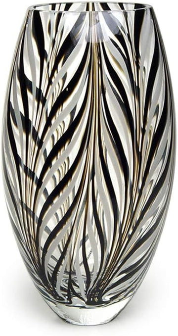 Murano Style Glass Vase Hand Blown Black and White Feather Pattern Effect | Hand Blown Glass Vase, Decorative Table