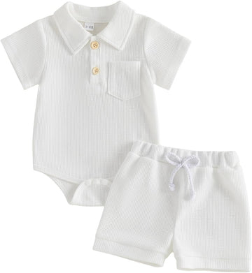 Baby Boy Summer Outfit Waffle Knit Short Sleeve Collared Romper Shorts Set 0 3 6 9 12