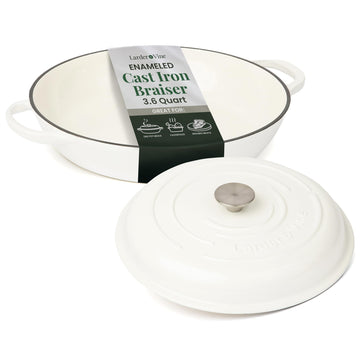 Enameled Cast Iron Braiser | 3.6 qt Braiser Pan with Lid | Shallow Dutch Oven Compatible on All Cooktops | Casserole