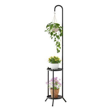 2-Tier Metal Plant Stand with Hanging Hook, Indoor Outdoor Plant Shelf, Heavy Duty Plant holder Rustproof Iron