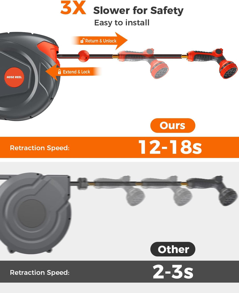1/2 Inch 100FT Retractable Garden Hose Reel Wall-Mounted 180° Swivel 9-Patern Nozzle Automatic Slow Return Any Length