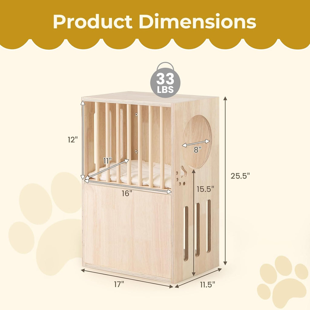 2-Tier Luxury Wood Cat House, Wooden Kitten Cage Condo with 2 Washable Plush Cushions, 2 Access Holes, Indoor Pet