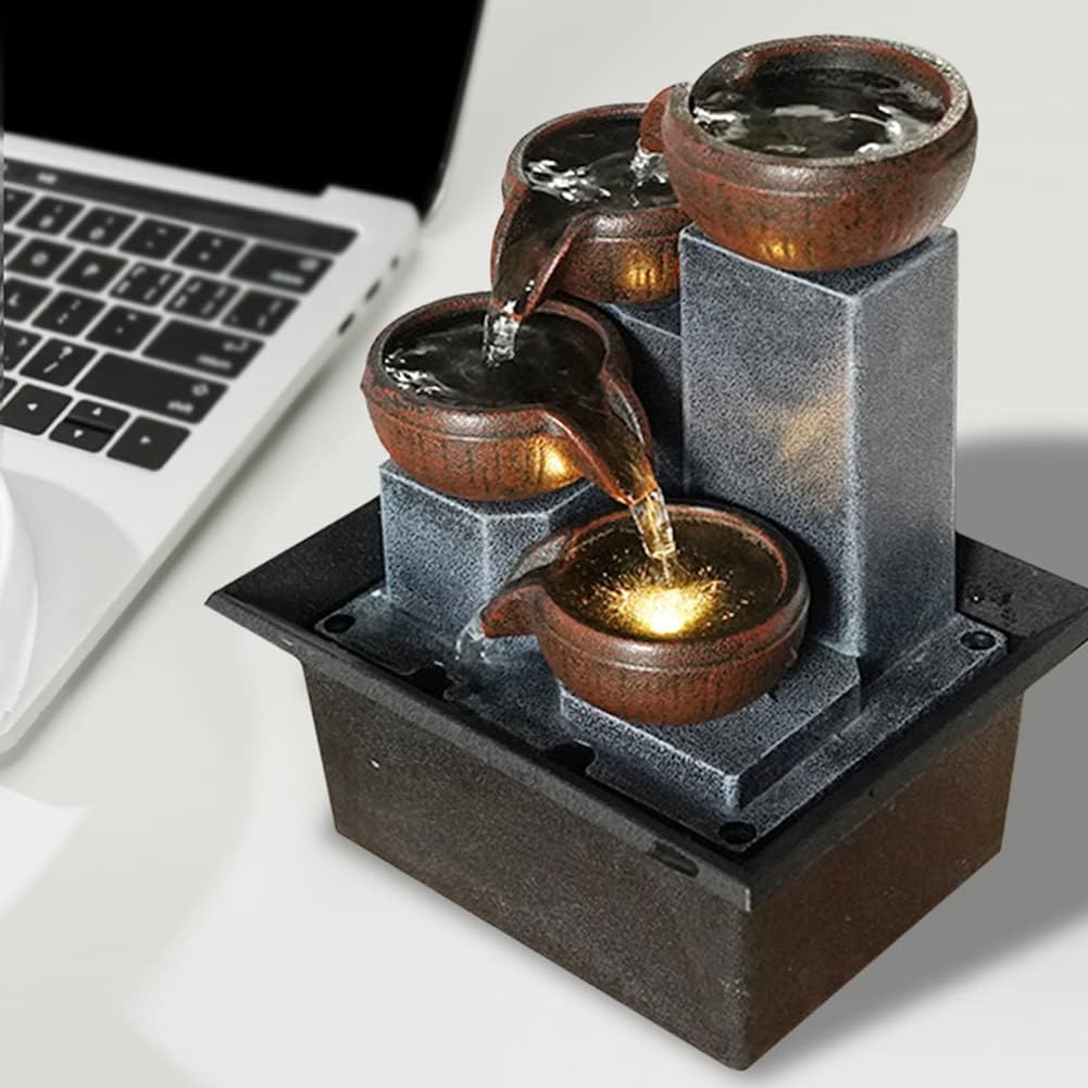 Indoor Desktop Fountain 4-Tier Desktop Fountain with Warm LED Lights & 3-Speed Adjustable Pump - Ideal for Bedrooms