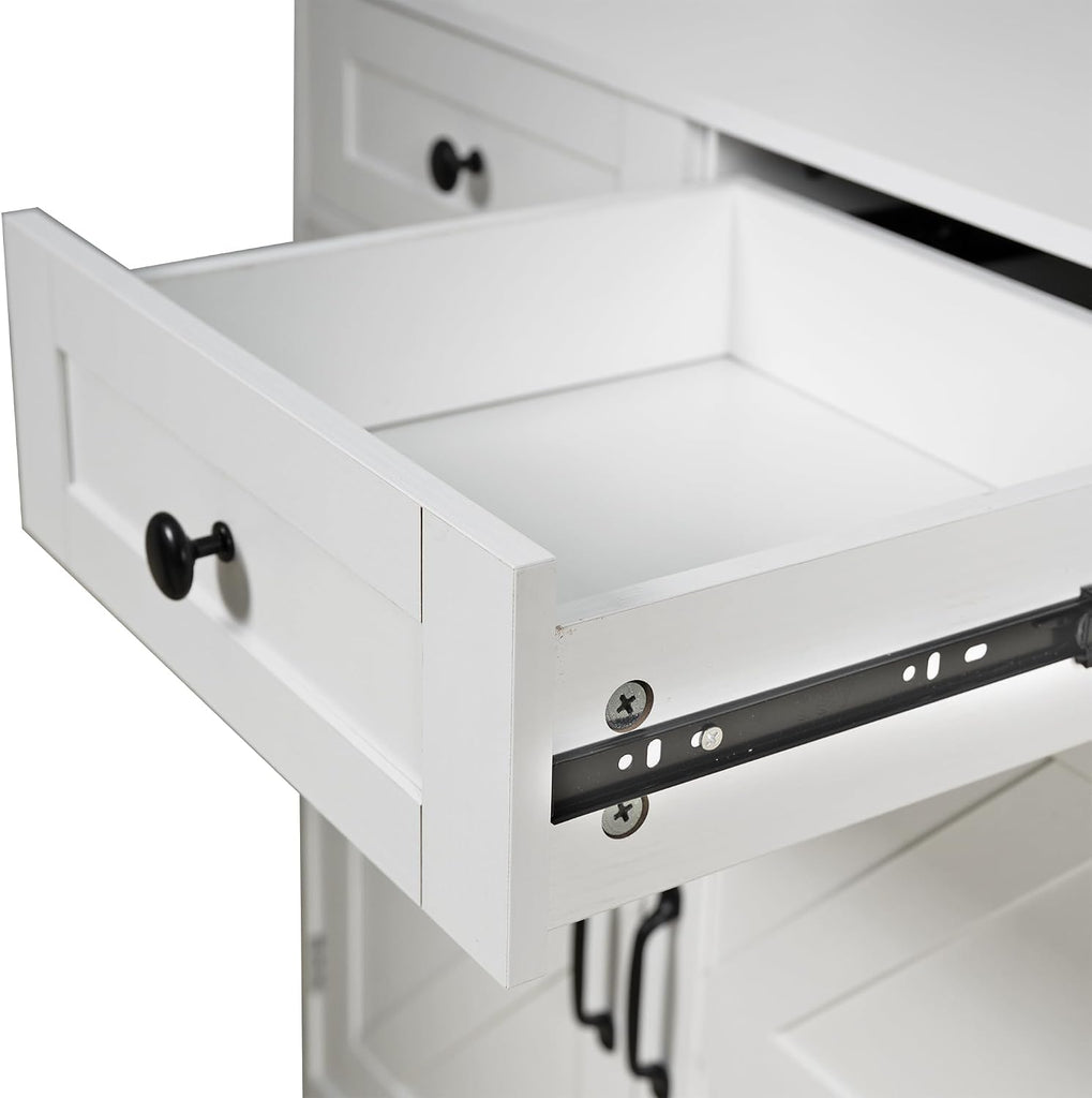 75" Arched Kitchen Pantry Cabinet with Charging Station, White | Coffee Bar Hutch with Adjustable Shelves, 2 Drawers