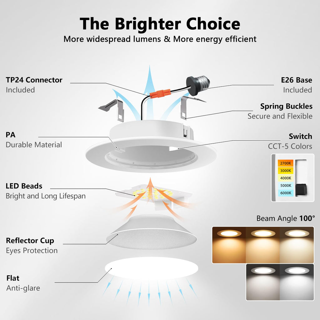 4 Inch Recessed Lights, 5CCT LED Can Lights, Dimmable, 6 Pack,White