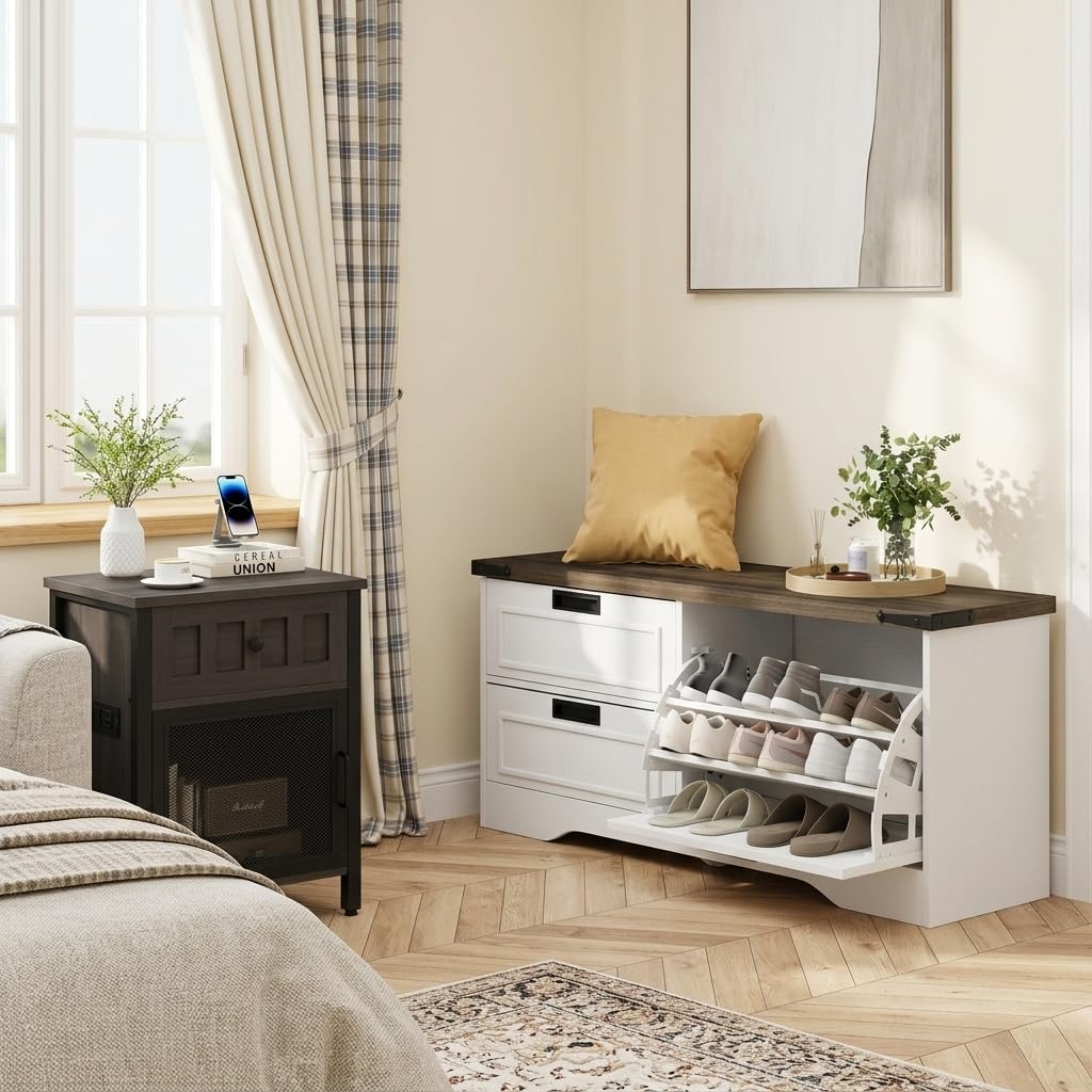 Shoe Storage Bench with Flip Drawer, Wooden Entryway Bench, Modern Shoe Cabinet with Removable Drawers (Walnut Brown