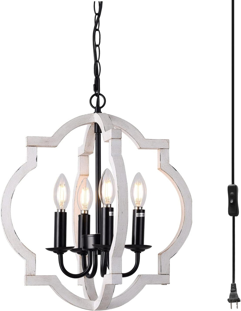 Plug in Chandelier with 16.4ft Cord,Plug in Pendant Light,Orb Wood Farmhouse Light fixtures