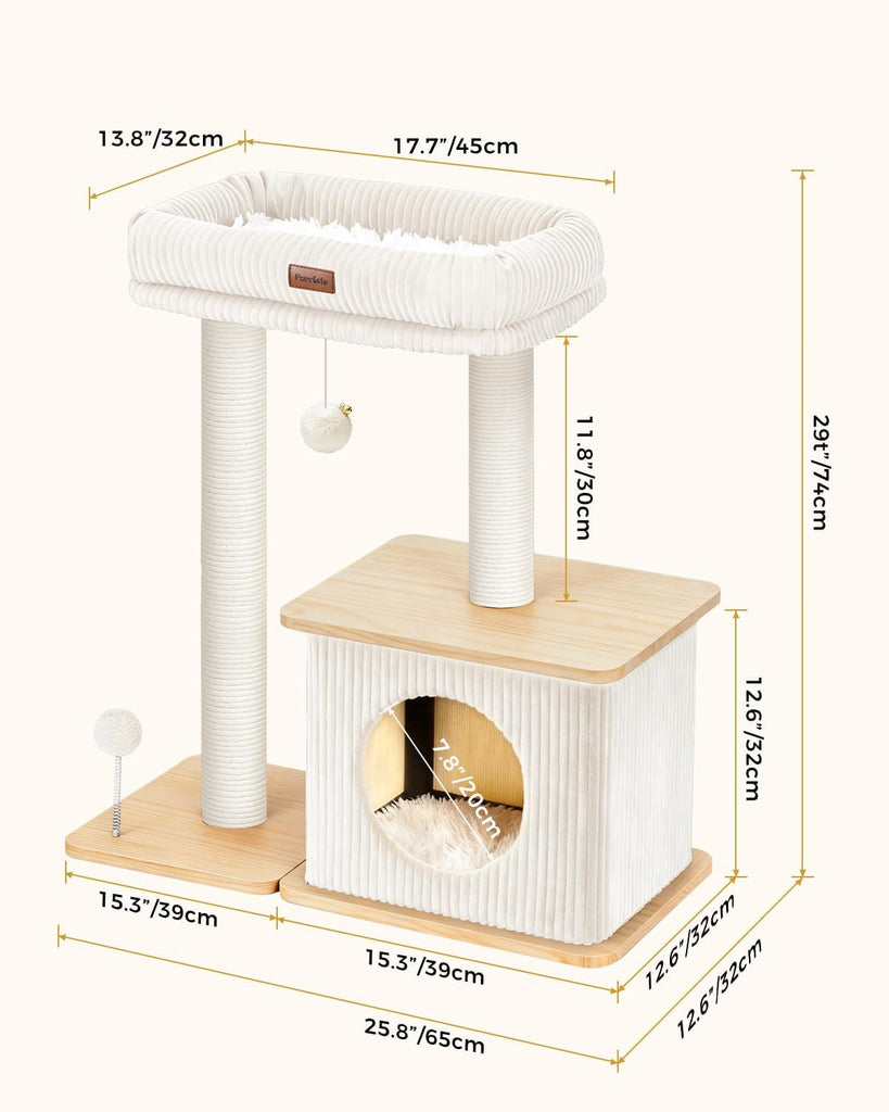 29" Small Cat Tree, Boho Wood Cat Tower with Sisal Scratching Post