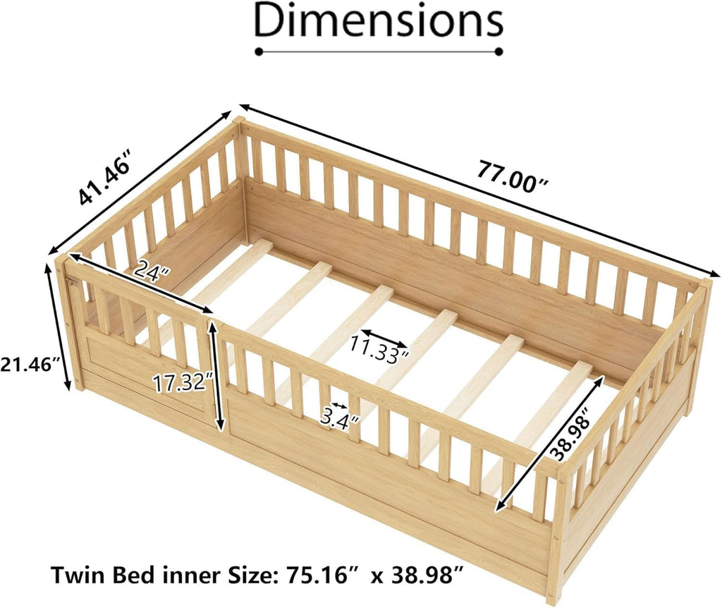 Kids Montessori Floor Bed Frame with Slats, Natural