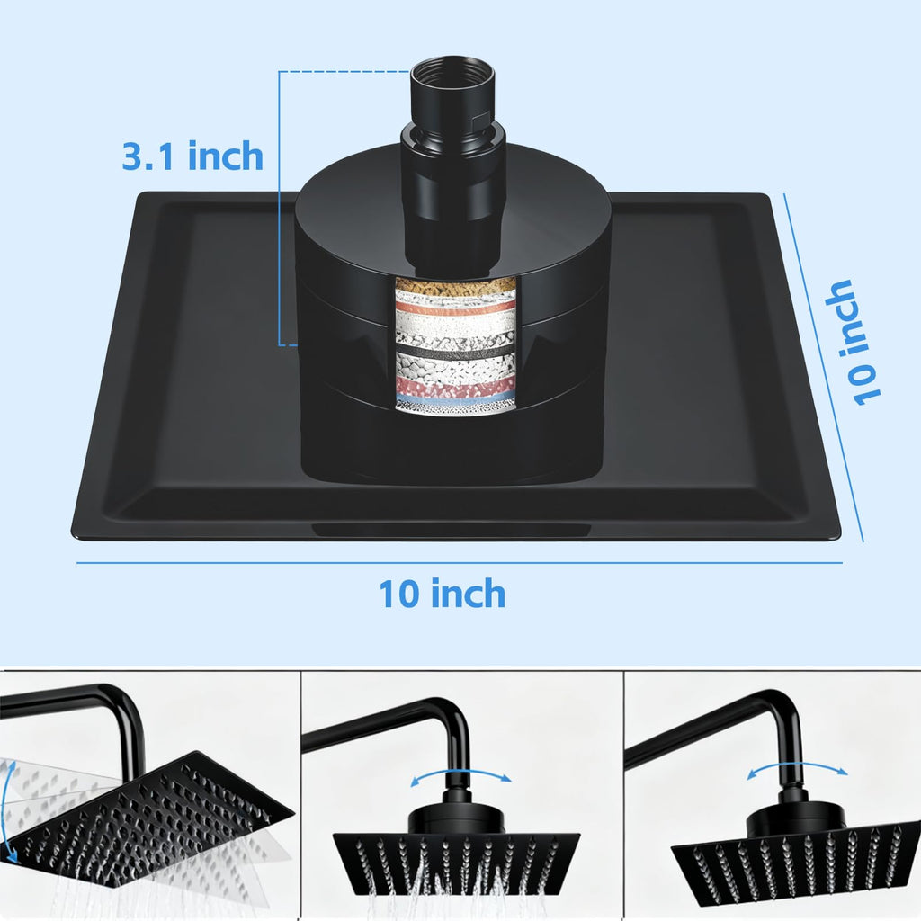 Rain Shower Head with Filter for Hard Water Square 10 Inch Matte Black