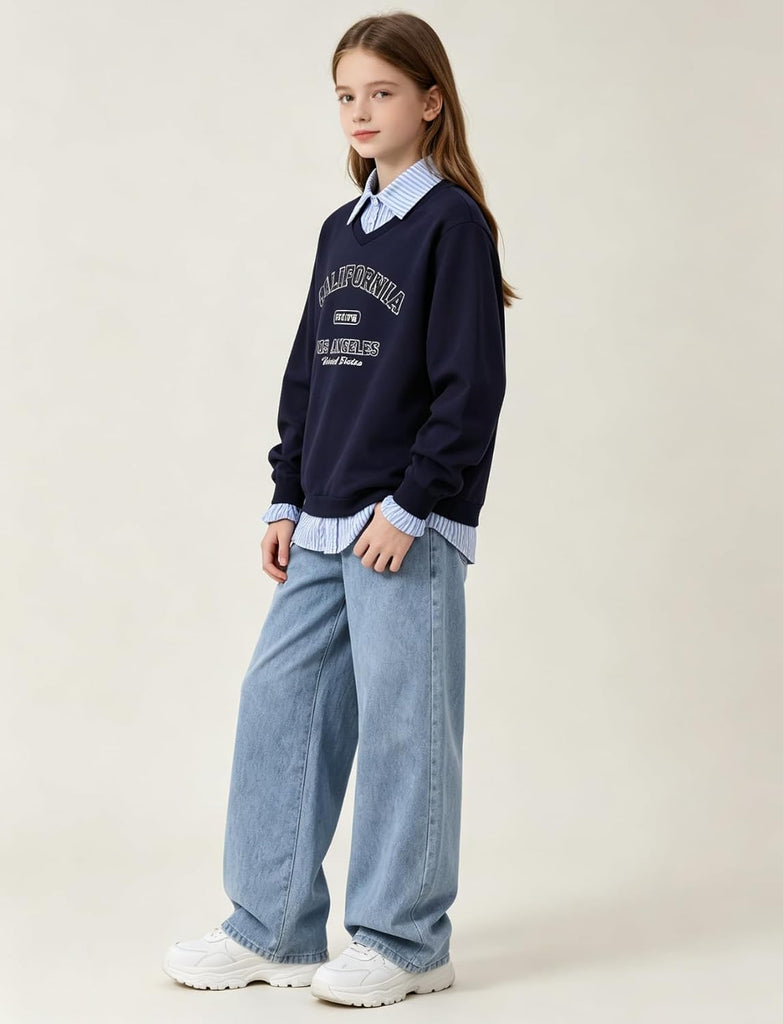 Clothes Spring Fall Spliced Fake Two Piece Long Sleeve Top & Denim Pants 2PCS Set Girl Outfits