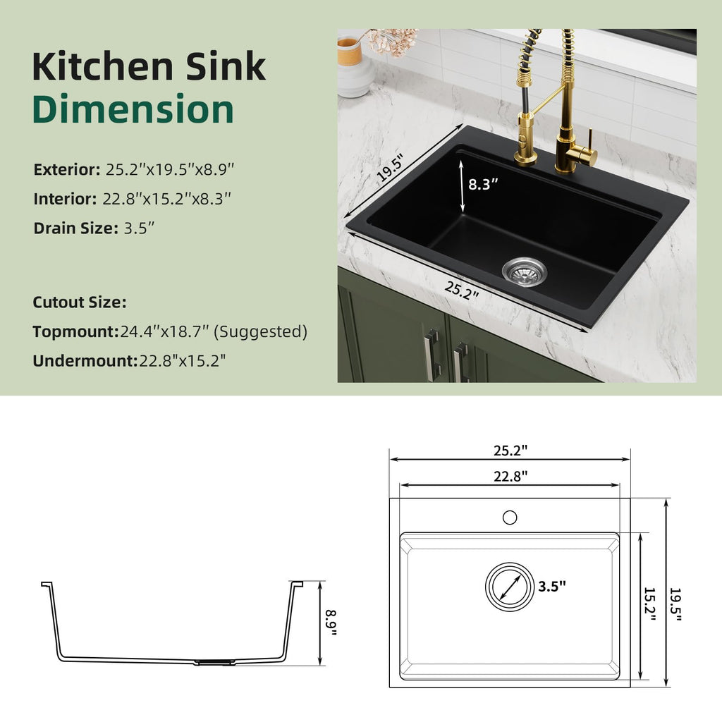 25 Inch Black Granite Composite Kitchen Sink Workstation, Quartz Kitchen Sink Black, Drop in & Undermount