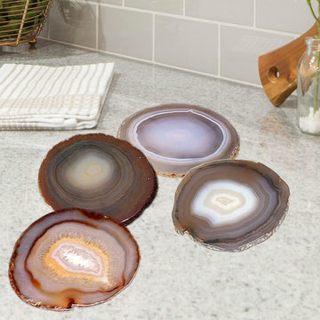 Natural Agate Coasters, Brown Geode Stone Slices 3-3.5'' for Drinks Coffee Wine, Unique Rock Crystal - Set of 4