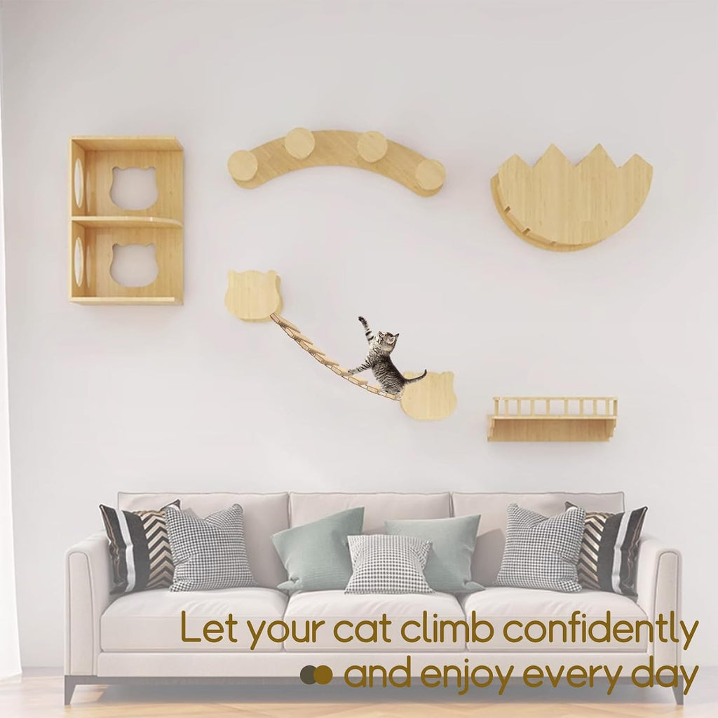 Cat Ladder & Bridge for Indoor Cats - Wooden Cat Wall Furniture with Climbing Rope - Wall Mounted Cat Shelves