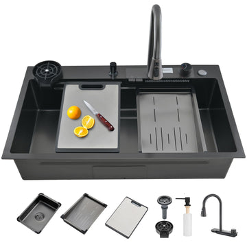 Waterfall 30 Inch Drop-in Single Bowl Stainless Steel Multifunctional with 2-in-1 Faucet and Accessories (30"x18")