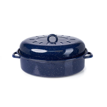 18" Traditional Vintage Style Blue Speckled Enamel on Steel Covered Oval Roaster