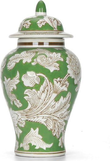 11′′ Green Ginger Jar Traditional Peony Temple Jar Home Accent Piece