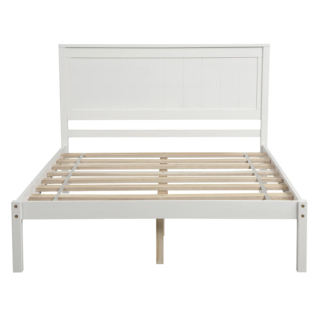 Modern Style White Solid Wood Full Size Platform Bed with Headboard/Footboard/Wood Bed Frame and Solid Wood Legs, No