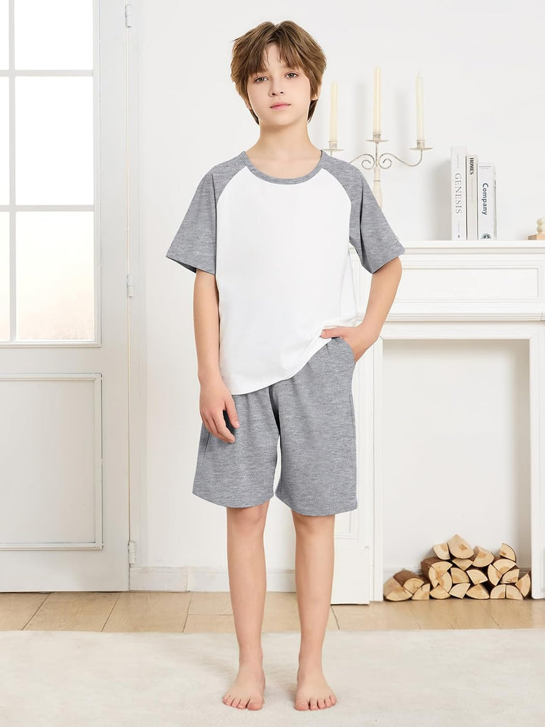 Boys Pajamas Set Two Piece Cotton Sleepwear Kids Short Sleeve Top and Shorts PJS Set with Pockets