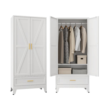 71" Metal Armoire Wardrobe Closet with Hanging Rod, White-X 1 Drawer