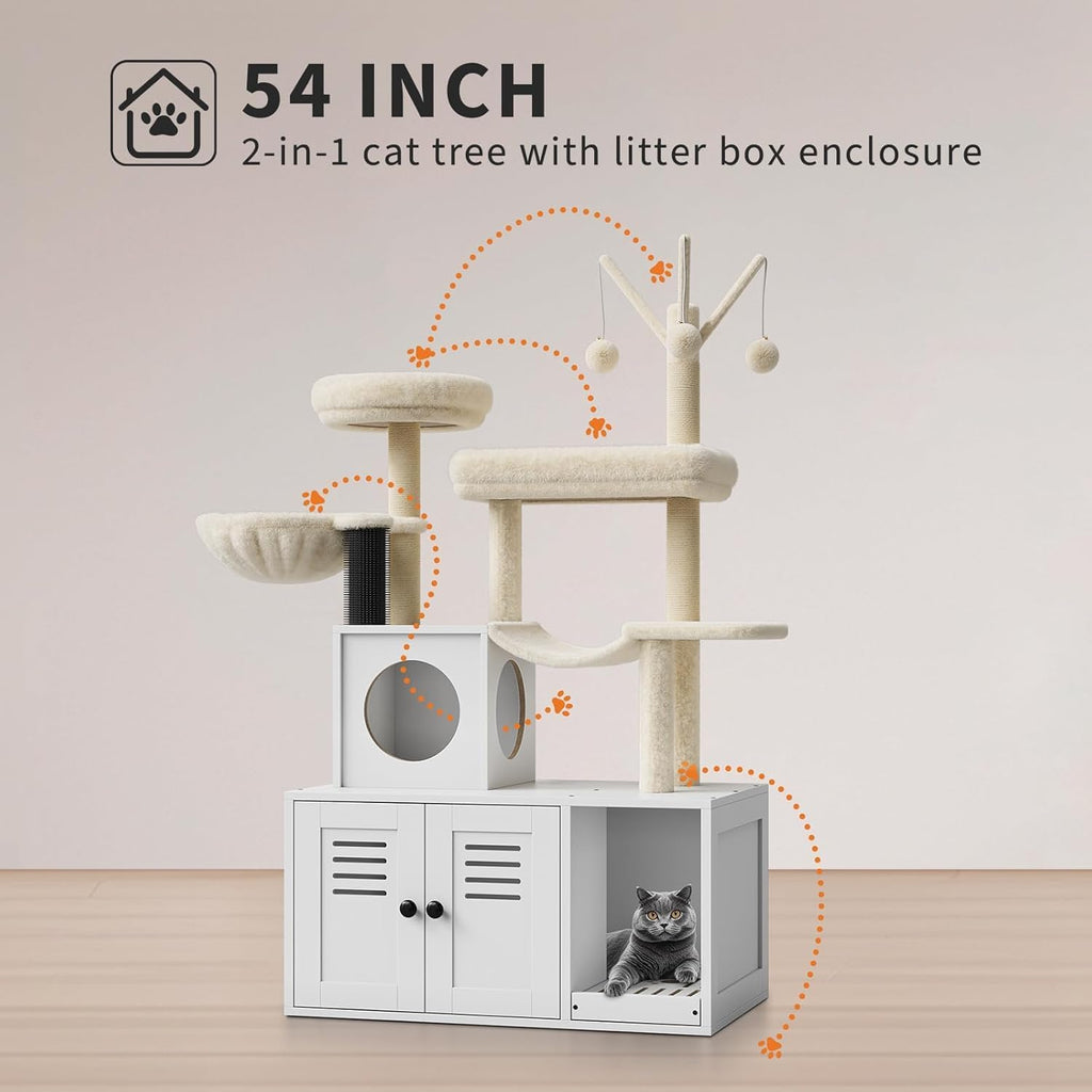 Cat Tree House, Cat Condos, Aesthetic Cats Tree, Hidden Litter Box, Wooden Cats Furniture with Multiple Platforms
