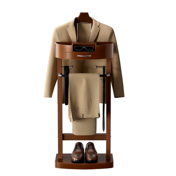 Wooden Valet Stand for Men, Clothes Valet with Tray and Sturdy Base, Freestanding Suit Stand, Load Capacity 100 lbs