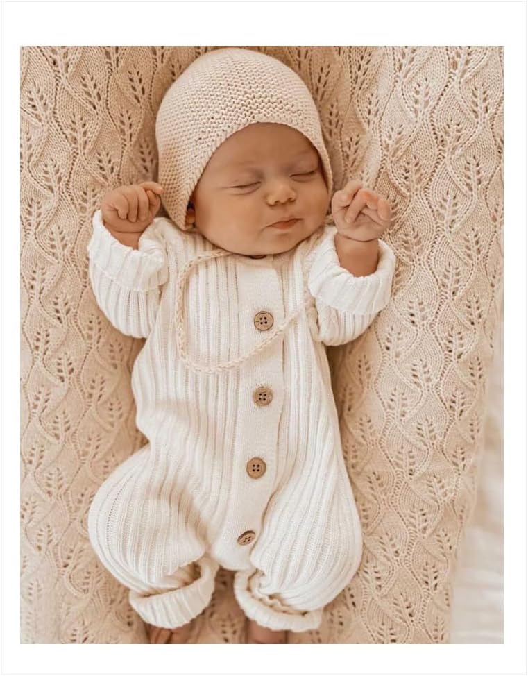 Newborn Baby Knit Sweater Romper Coverall Outfits One-Piece Jumpsuit Organic Cotton for Infant Baby Boys, Girls