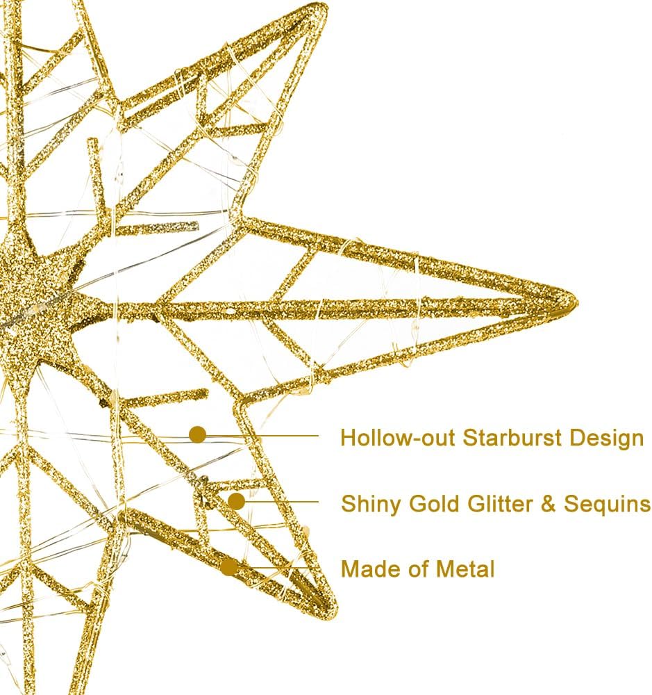 Christmas Tree Topper, 11 Inches Lighted Gold Glittered 8-Point Star Tree Topper, 30 LED Sparkling Tree Toppers