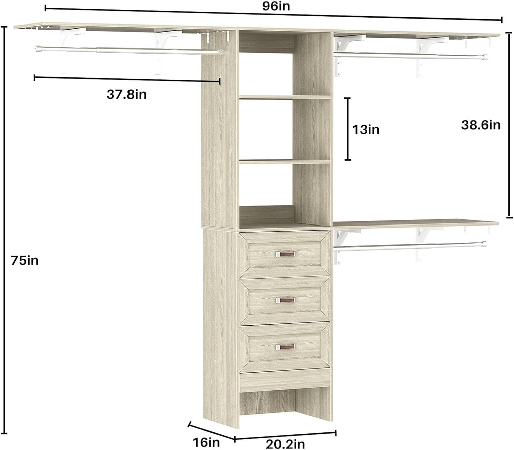 8FT Closet System with 3 Curved Drawers, 96'' Wooden Walk-in Closet Organizer with 3 Top Shelves, Adjustable