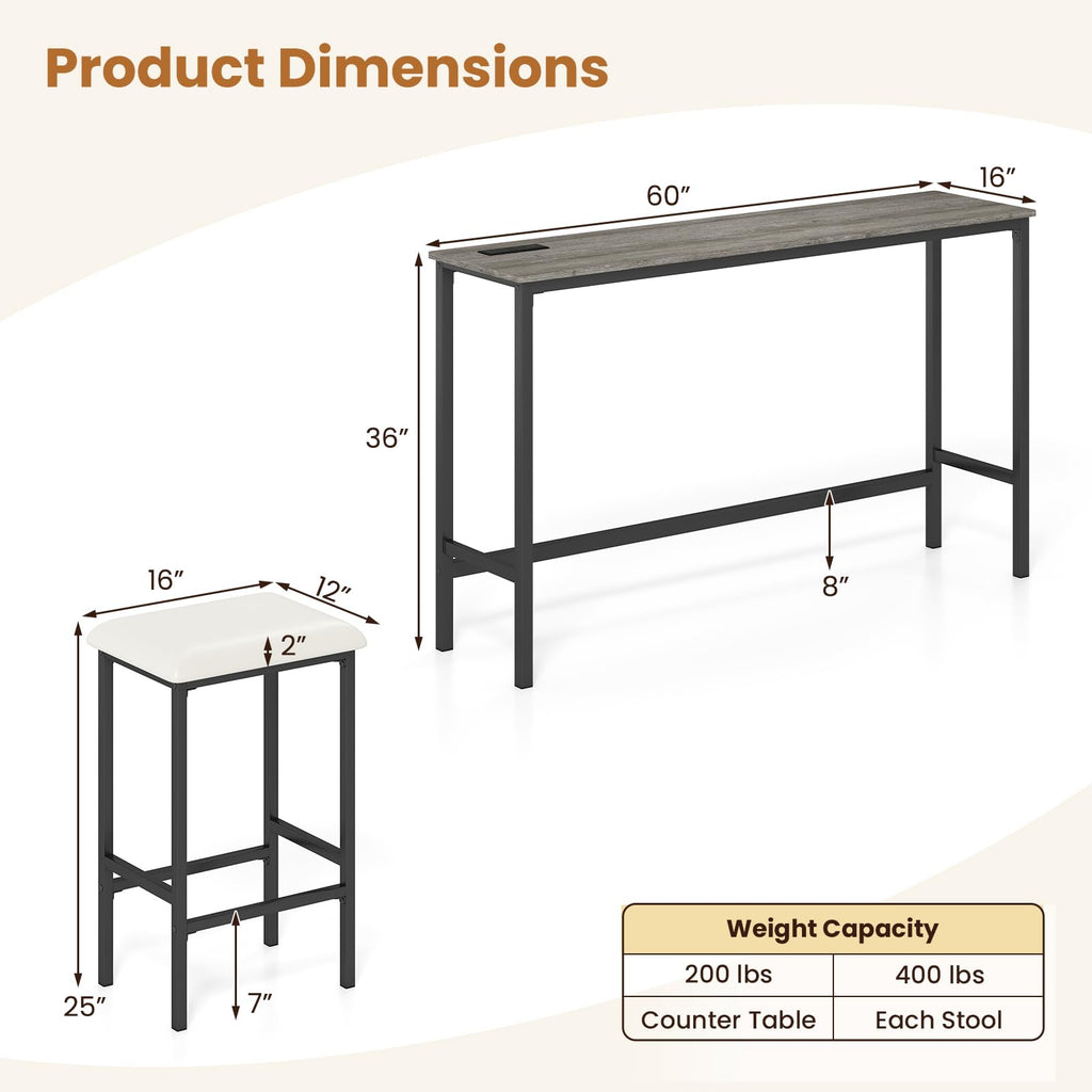 4 Pieces Counter Height Bar Table Set with Power Outlet