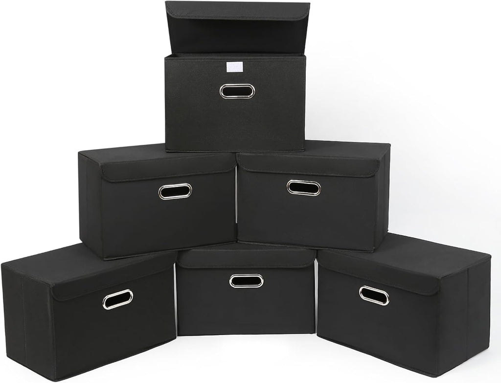 Fabric Storage Cube Bins Foldable Organizer Container Collapsible Basket with Lids and Metal Handles, Closet 6 Pcs