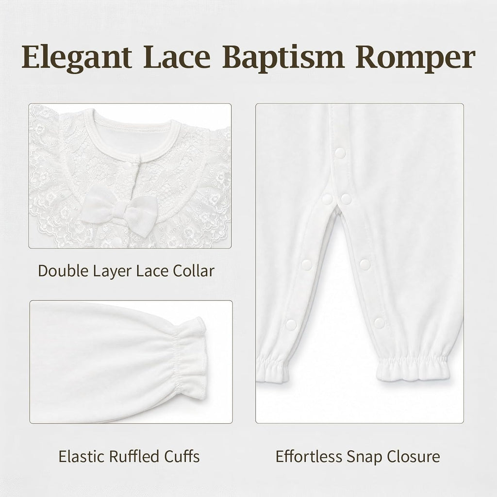 Baptism Baby Girl Outfits, White Christening Outfit Set Includes Bonnet,Headband, Shoes & Socks for Newborn Infant