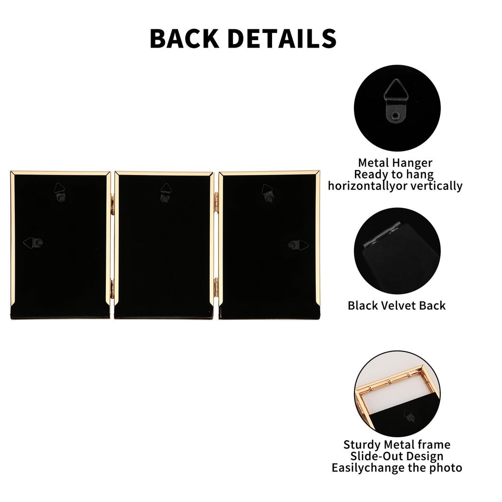 Dark Gold 4x6'' Bamboo Detail Designs Hinged Triple Metal Picture Frame, Elegant Gold Plated Wedding Photo Frames With