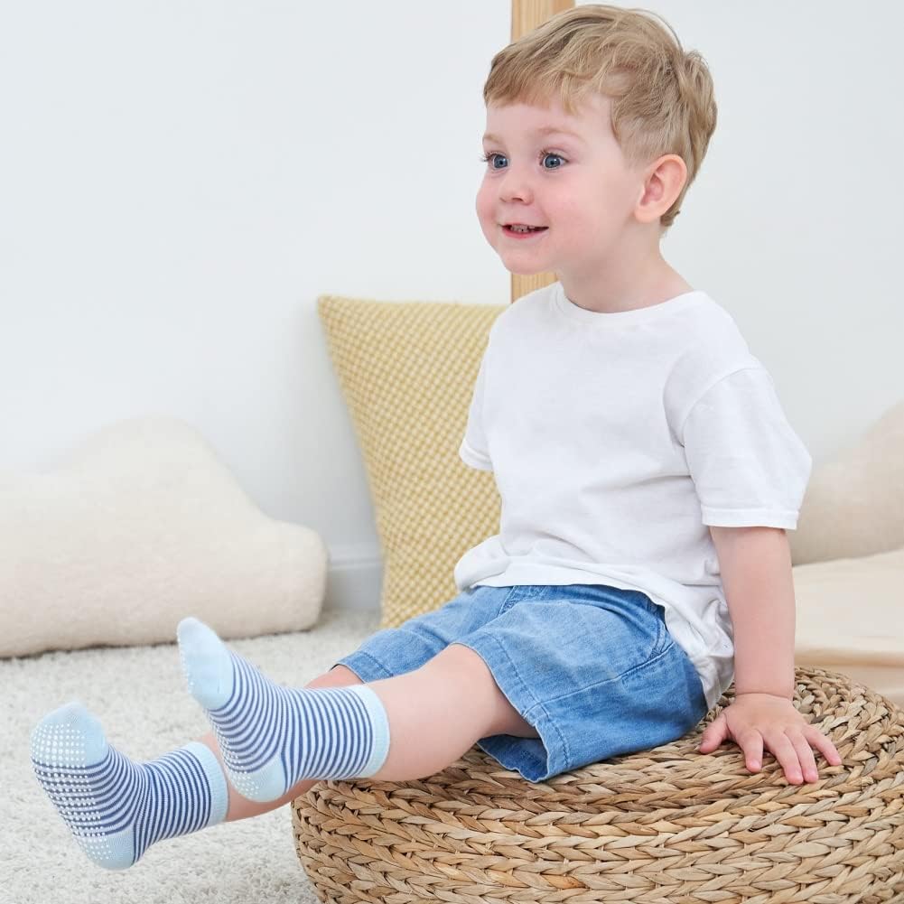 Baby Non Slip Grip Crew Socks with Anti Skid Soles for Infants Toddlers Kids Boys Girls
