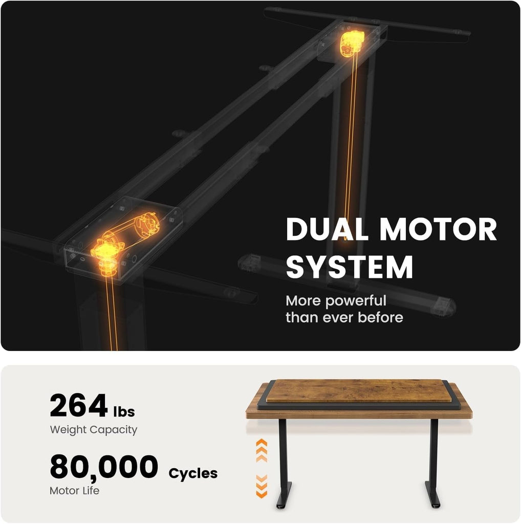 Dual Motor Standing Desk Legs for 44-90 inch Desktops, 264 lbs | 4 Memory Presets, Cable Tray, Dual Hooks, 28-47 inch