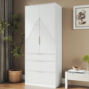 70" Wardrobe Armoire Wooden Closet with 2 Doors and 3 Drawers, Bedroom Armoire with Hanging Rod Shelf, Large Capacity