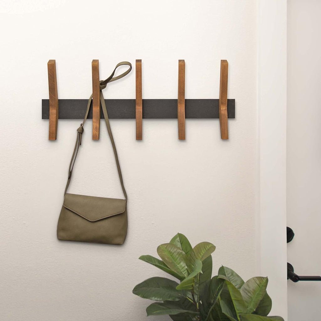 24-Inch Mid Century Coat Rack with 5 Wooden Hooks, Farmhouse Style Hookrail , and More, Solid Wood, 9.5" H x 24" W x