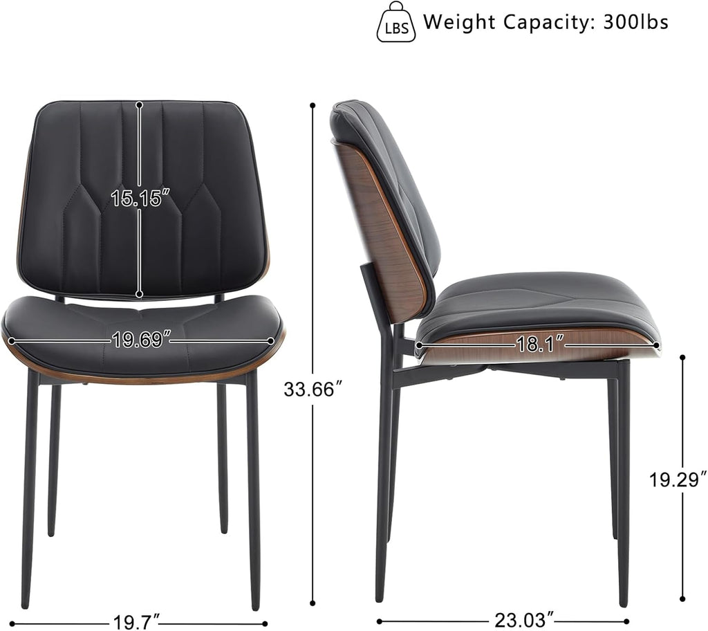 Mid-Century Modern Dining Chairs Set of 2, Upholstered PU Leather Accent Chairs with Walnut Bentwood Back, Armless Kitchen Chairs, Black